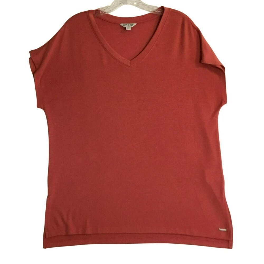 Orvis Knit Top Women's Sz Medium Cap Sleeve Relaxed V-Neck Rust Orange Hem Slits